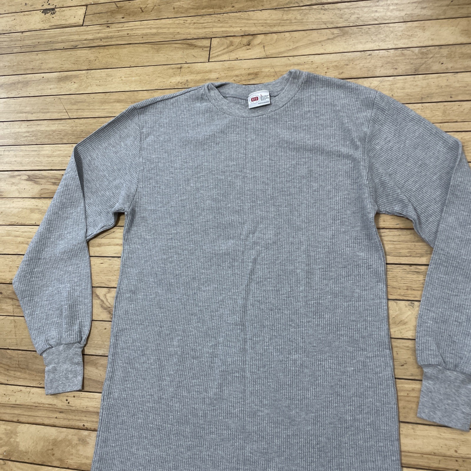 BYC Shirt Men L Light Gray Slim Thermal Waffle Knit Long Sleeve Skate Sk8 36″