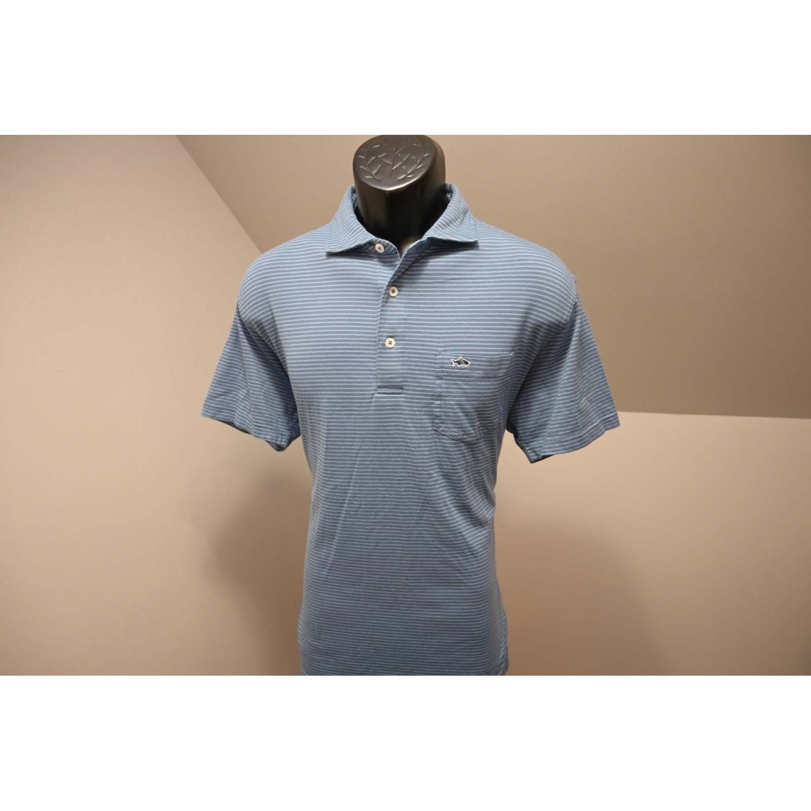 Fish Hippie Co Polo Shirt Mens Medium Blue Striped Pima Cotton Stretch Excellent