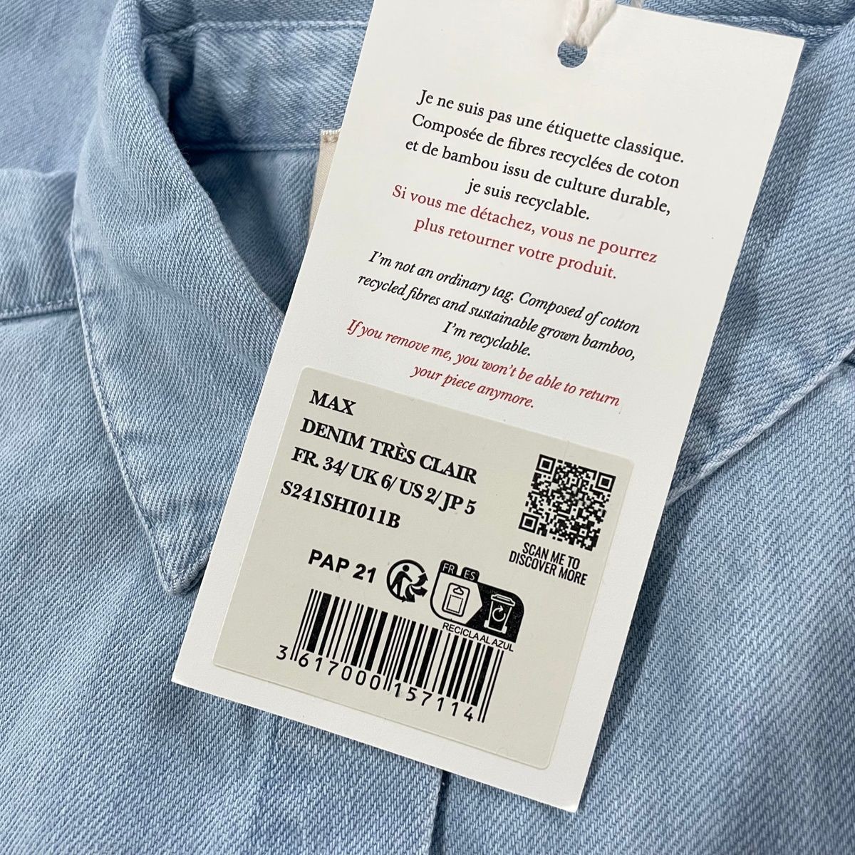 SEZANE Max Long Sleeve Shirt Women’s Size 2 Very Light Denim