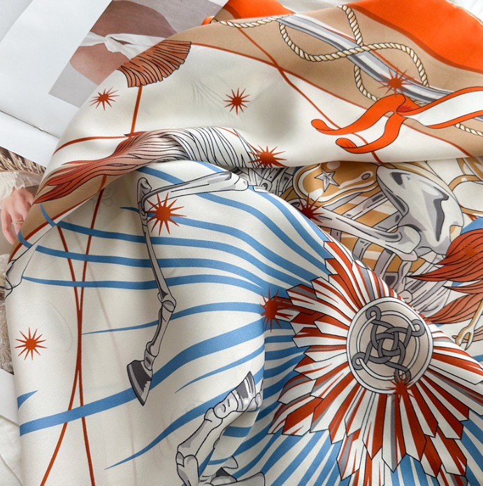 Mulberry Silk Square Scarf Women Neckerchief Wrap Orange wheels Print98