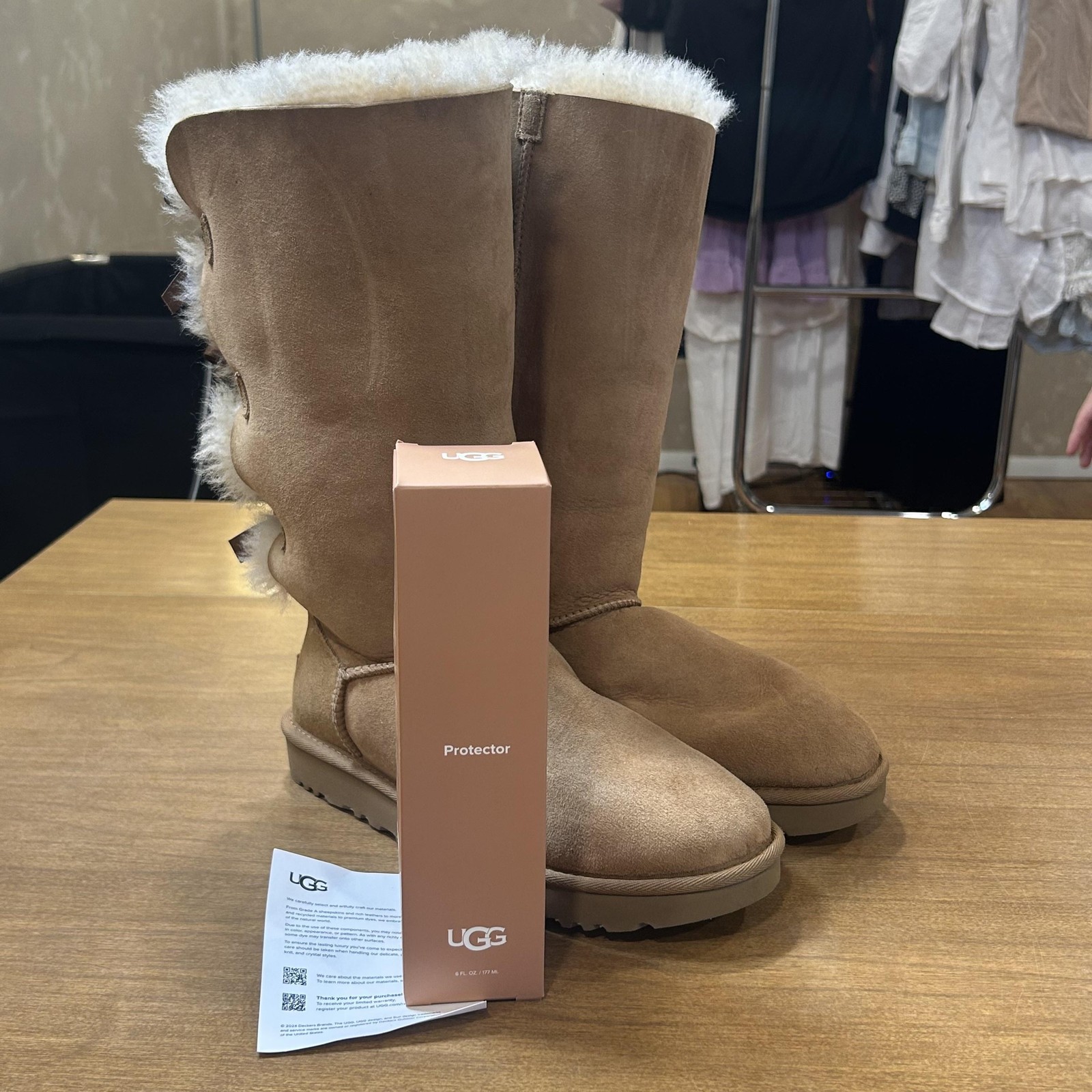UGG Boots Womens Size 7 Brown Suede Shearling Bow Mid Calf Winter Fur Lined