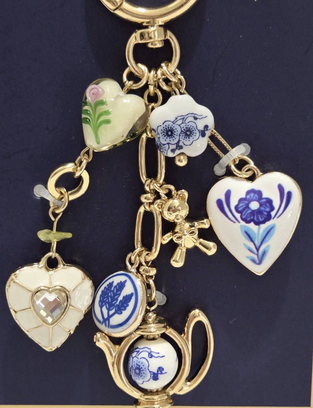 Piper K Blue & White Floral Teapot Hearts Bag Charm Keychain Cottage Core Gift