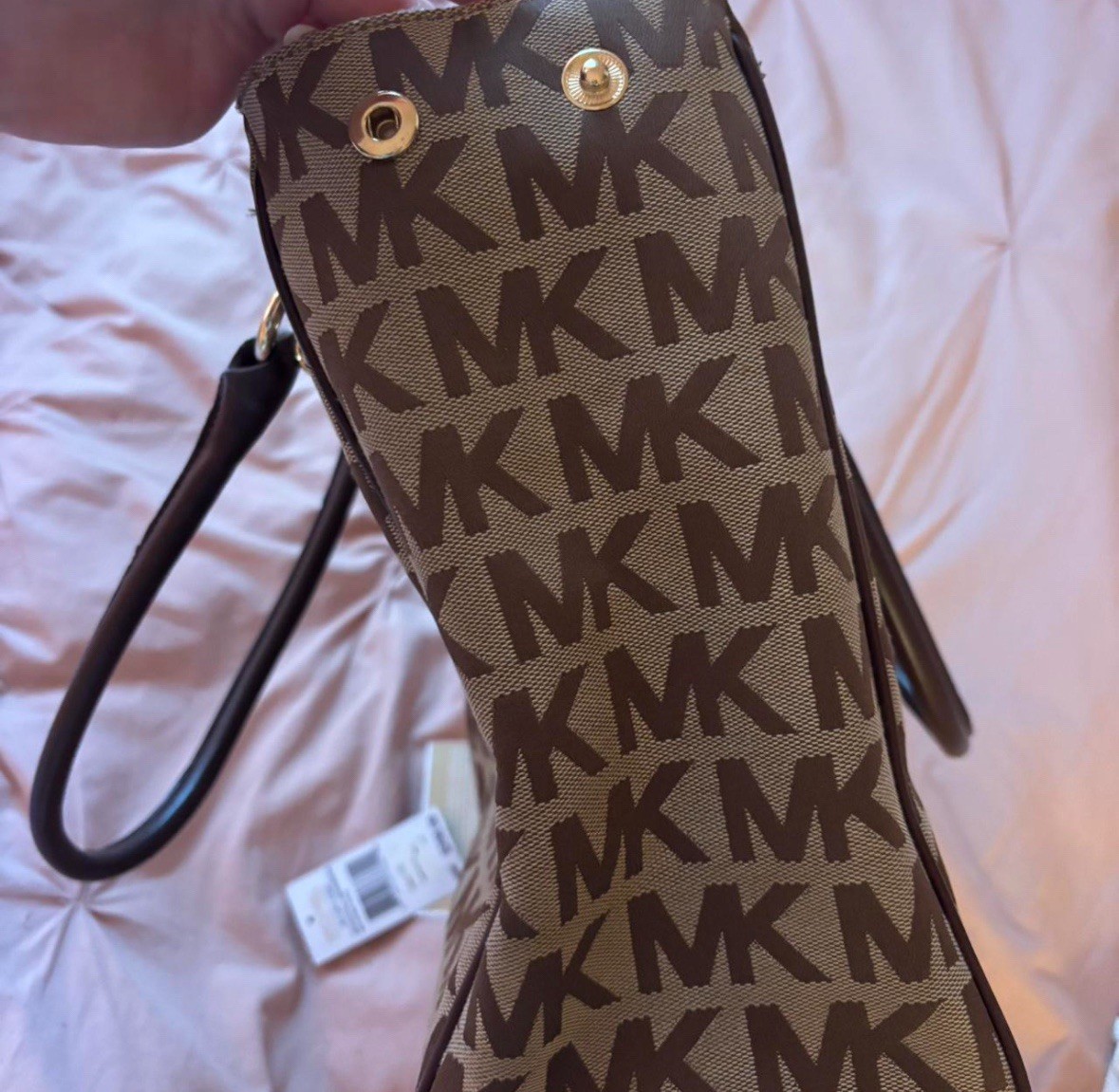 Michael Kors Jet Set Monogram Logo Tote Snap Closure Gold Hardware Pockets