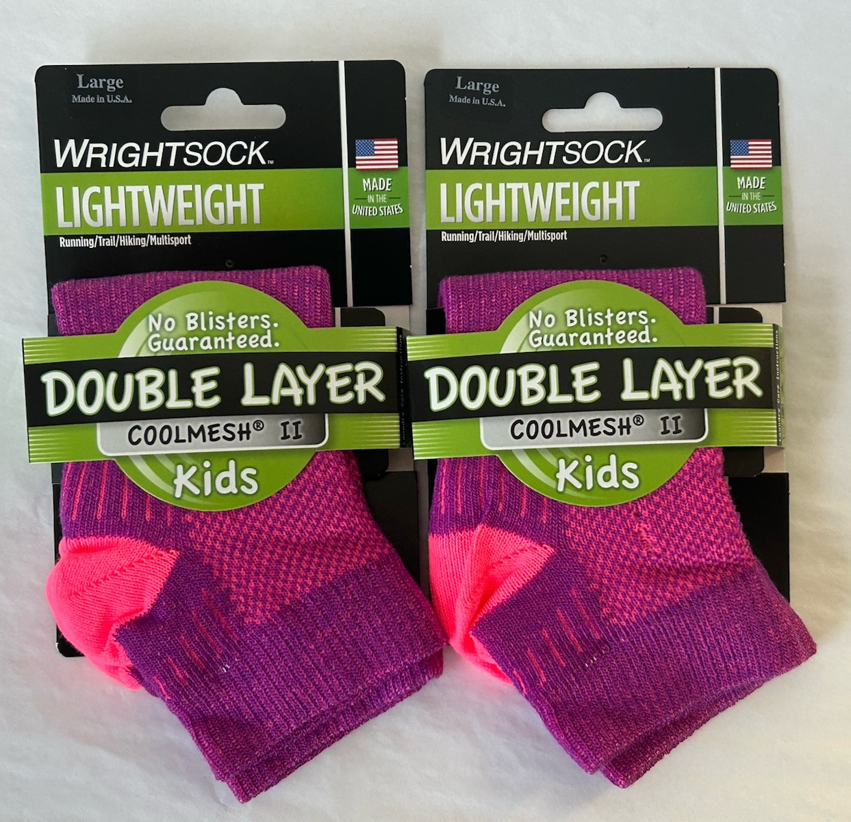 New Wrightsock KIDS Cool Mesh II Double Layer No Blisters 2-PAIR Size LARGE (U2)