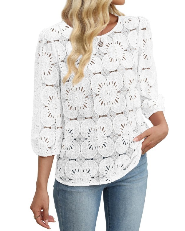 Summer Women’s Crew Neck Lace Blouse 3/4 Sleeve Hollow Out Casual Shirt