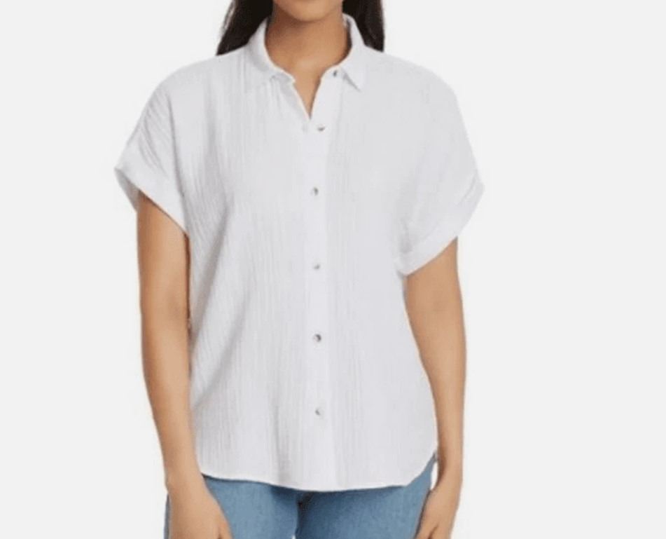 Jessica Simpson Women’s Short Cap Sleeve Gauze Relaxed Fit Top, White, Large