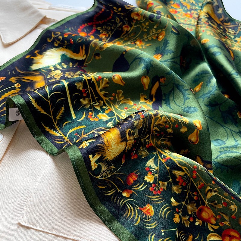 100% Mulberry Silk 20″ Square Scarf Women neckerchief Wrap Birds Print Green