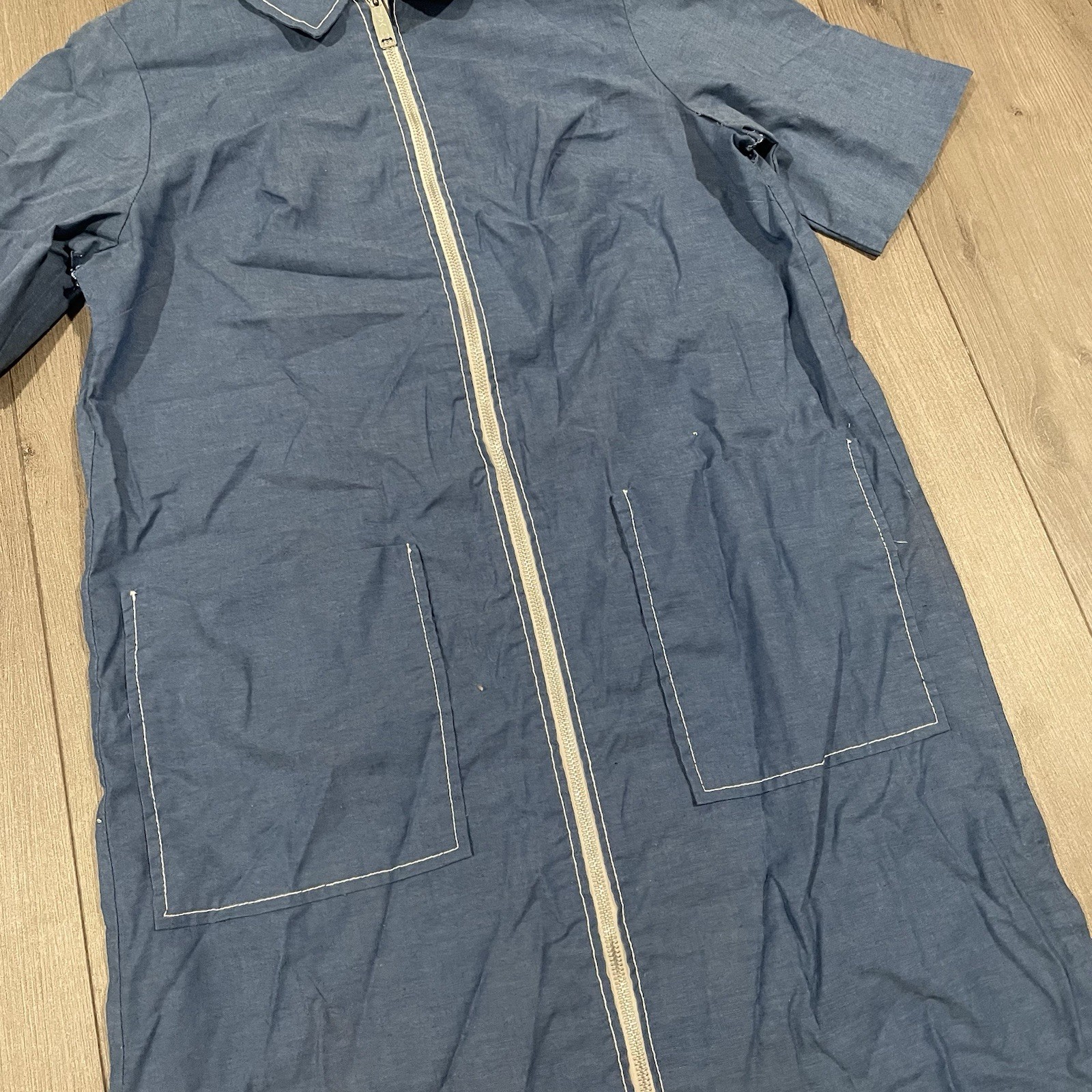 Vtg 50s Penneys Gay mode Chambray Full Zip Collared Dress Cottage Lounge S/MD