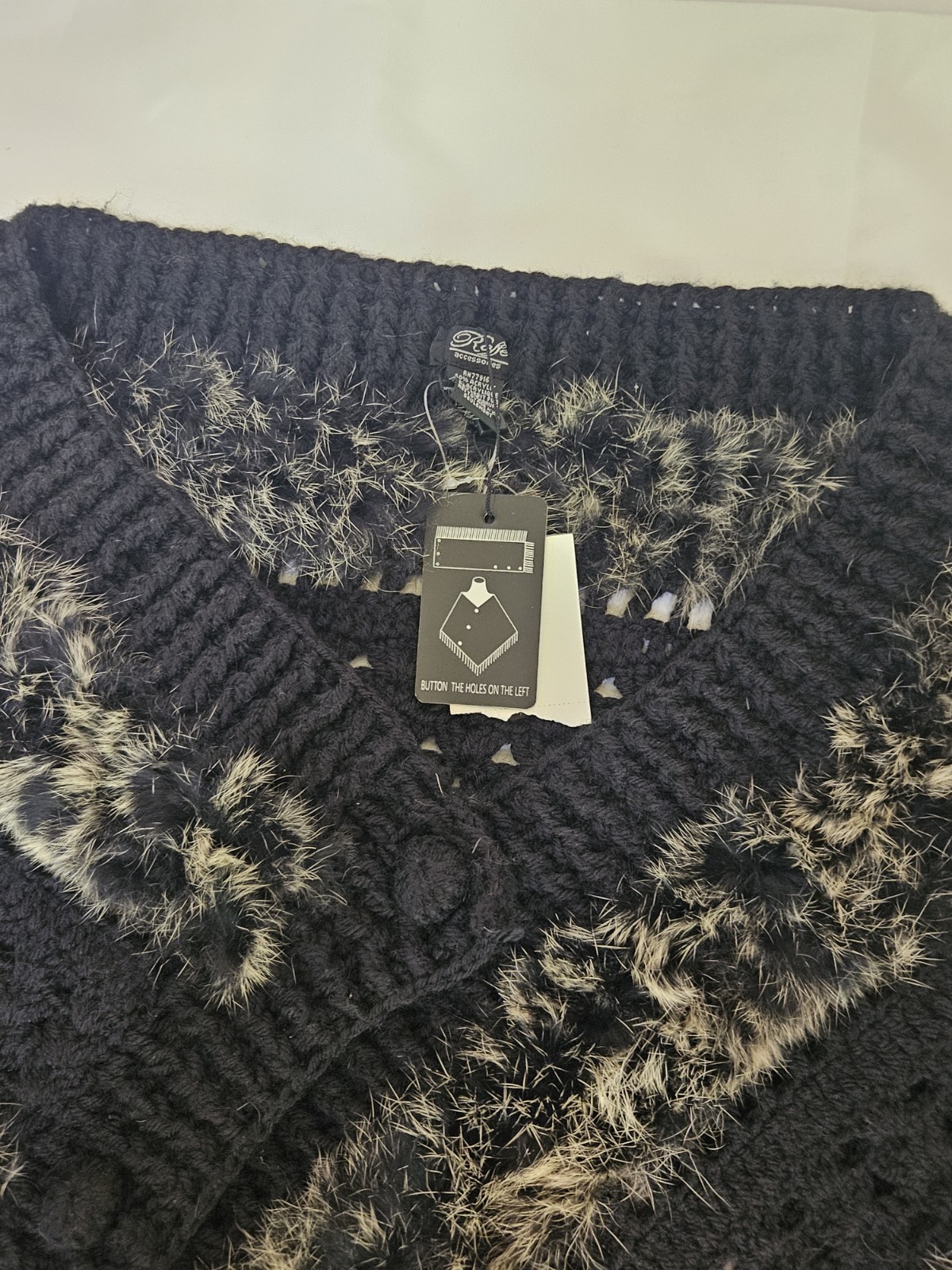 Roffe Black/Gray Striped Knit Shawl Wrap Fringe Fur Trim Button Closure