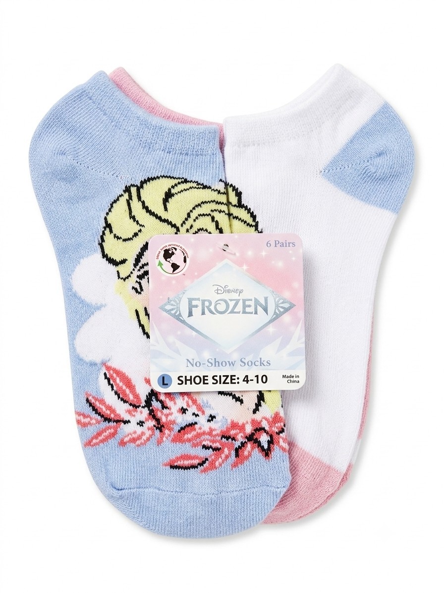 Disney Frozen Girls No-Show Socks 6 Pairs Size L Multicolor Shoe Size 4-10
