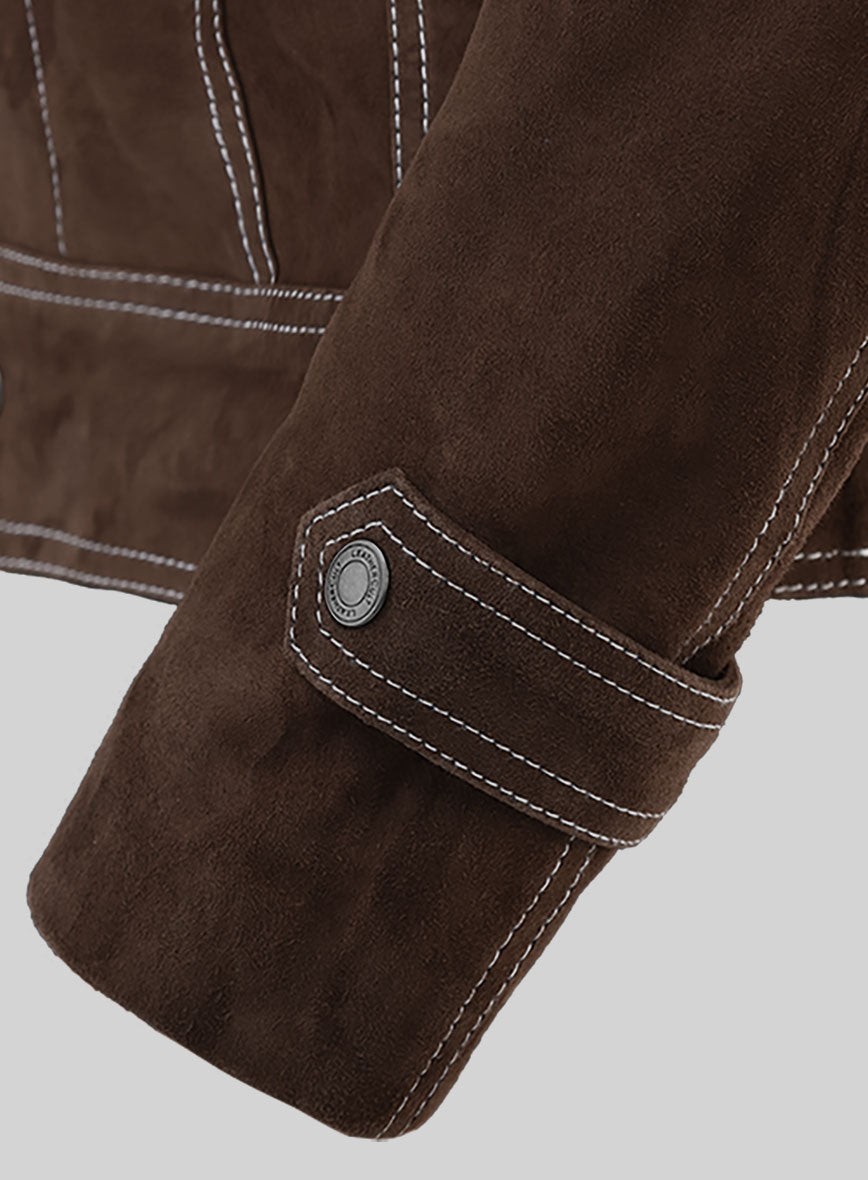 Men Brown Suede Leather Jacket Contrast Stitch Trucker Western Military Coat New
