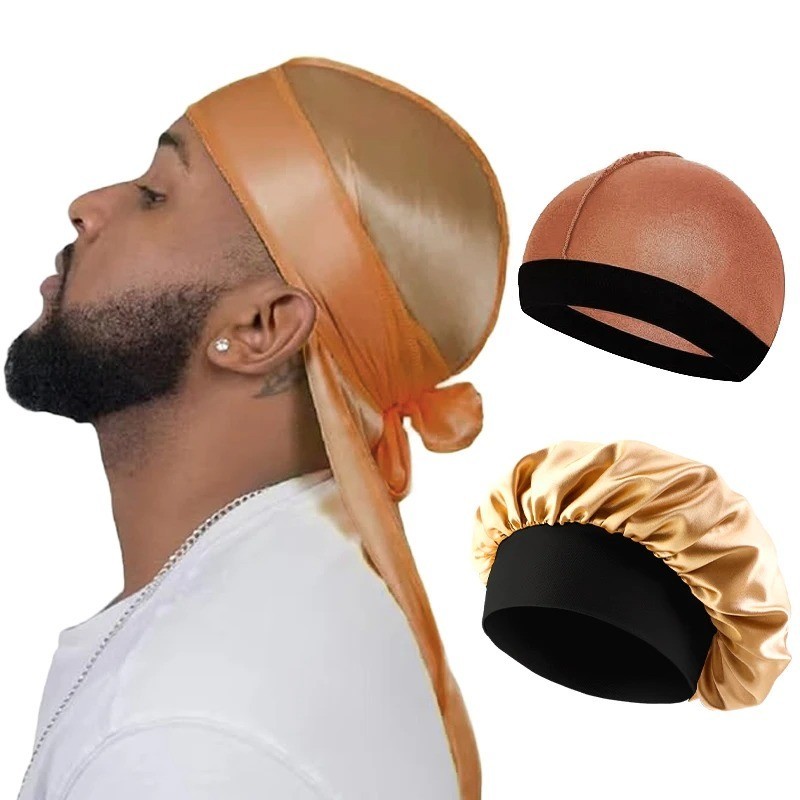 3Pack Silky Satin Durag Men Wave Cap Lot 360 Waves Bonnet Sleep Cap Doo Rag Long