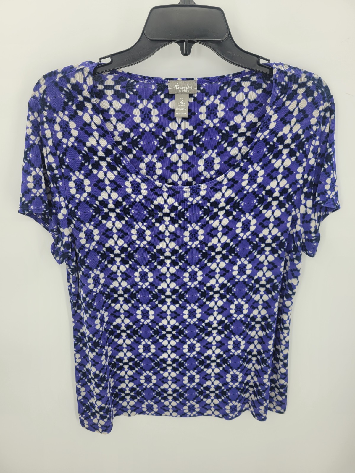 Chicos Travelers Top Womens Large Colorful Artsy Print Stretchy Short Sleeve