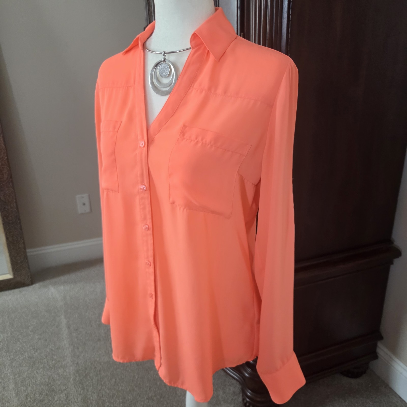 Express Bright Orange Portofino Button Down Roll Tab Sleeve Blouse Top Size Med