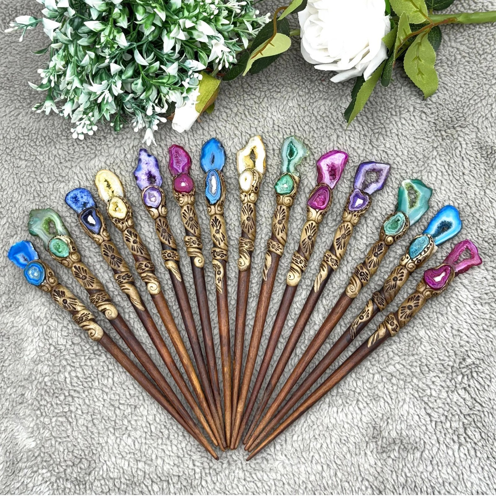 Window Druzy Hair Stick, Agate Slices Stick, Polymer Clay Sticks wholesale lot
