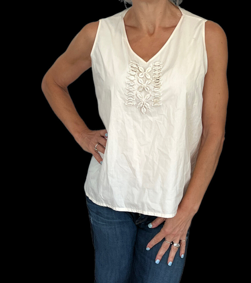 MOSCHINO Cheap & Chic Beige Sleeveless V Neck Blouse Top Embellished Shells 10