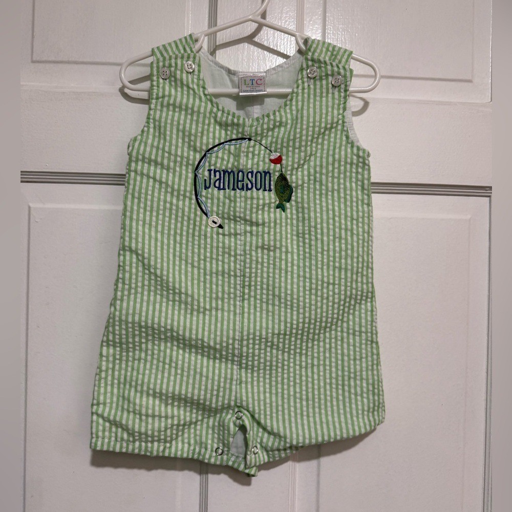 18 Month “Jameson” Monogrammed Jon Jon Outfit Embroidered Shortalls Fishing
