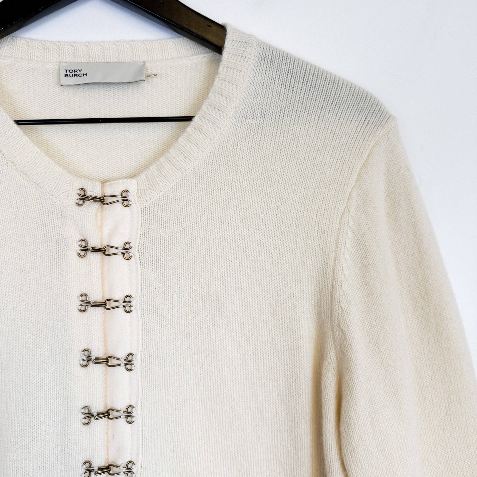 Tory Burch Hook-And-Eye 100% Cashmere Cardigan Sweater Cream – L