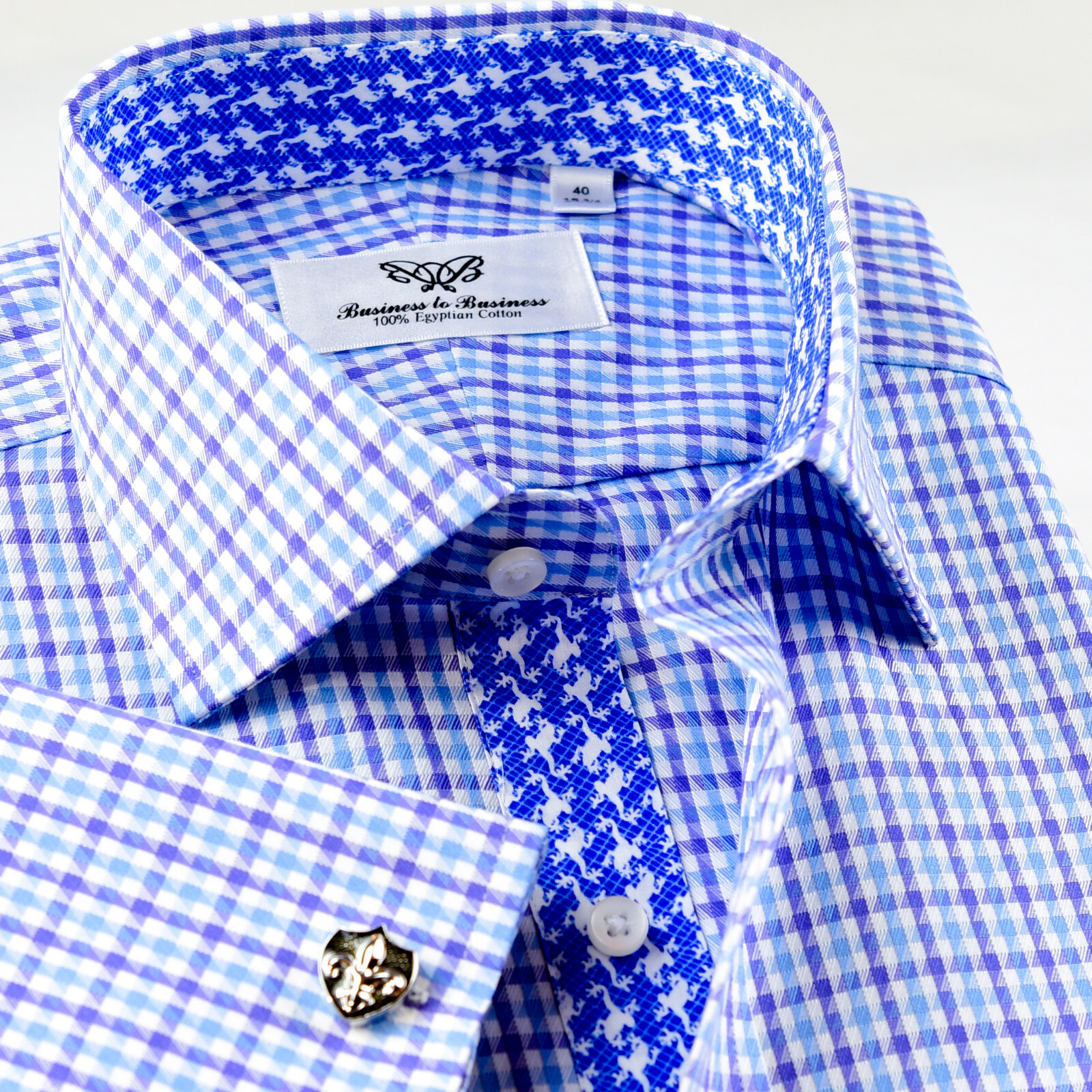Blue Check Business Dress Shirt Gingham Check Designer Formal Top Fashion Style