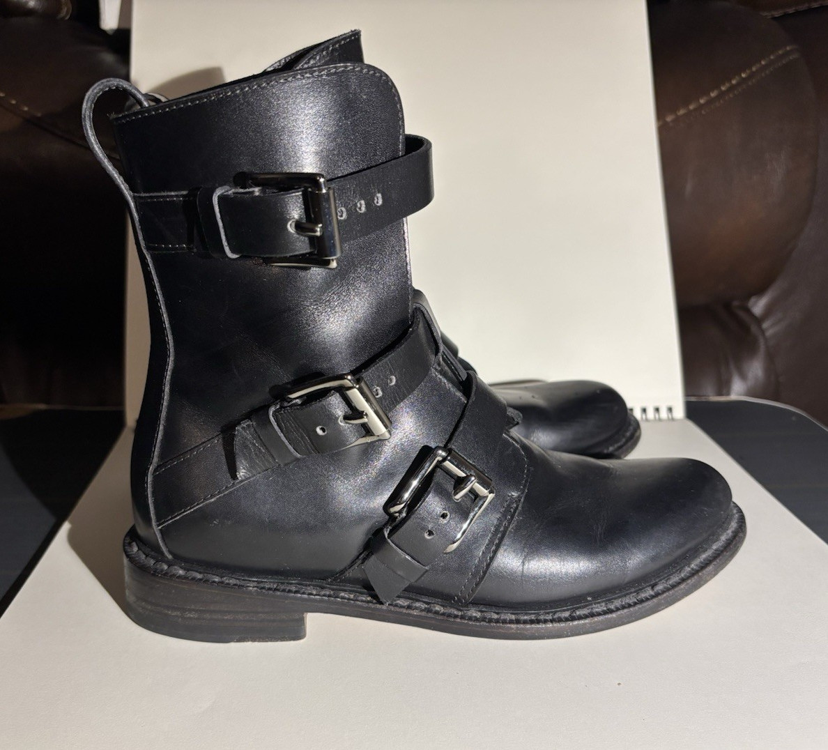 rag & bone Women’s Black Leather Biker Ankle Boots Buckle Straps EU 36 US 6