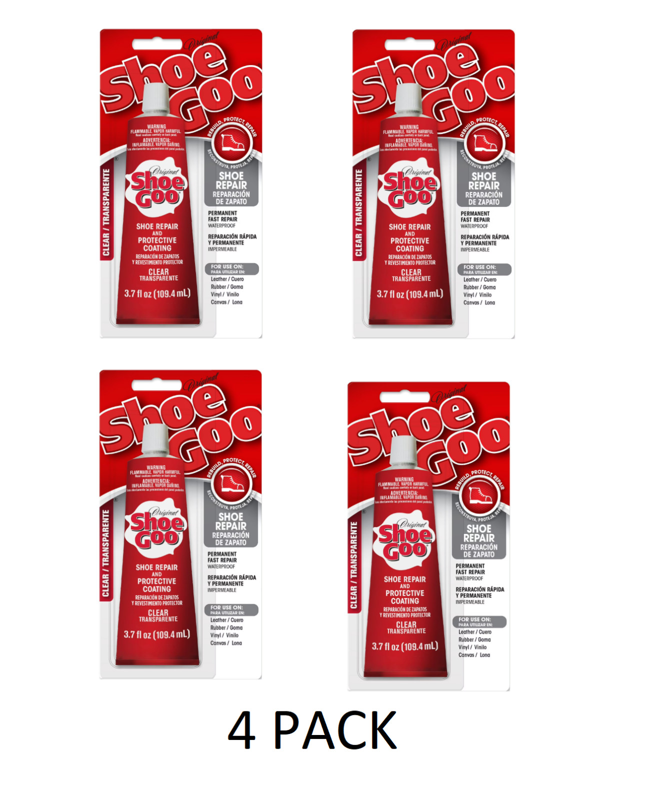 4 PACK Eclectic Shoe Goo Adhesive Glue, Shoe Repair, Clear, 110010, 3.7 fl. oz