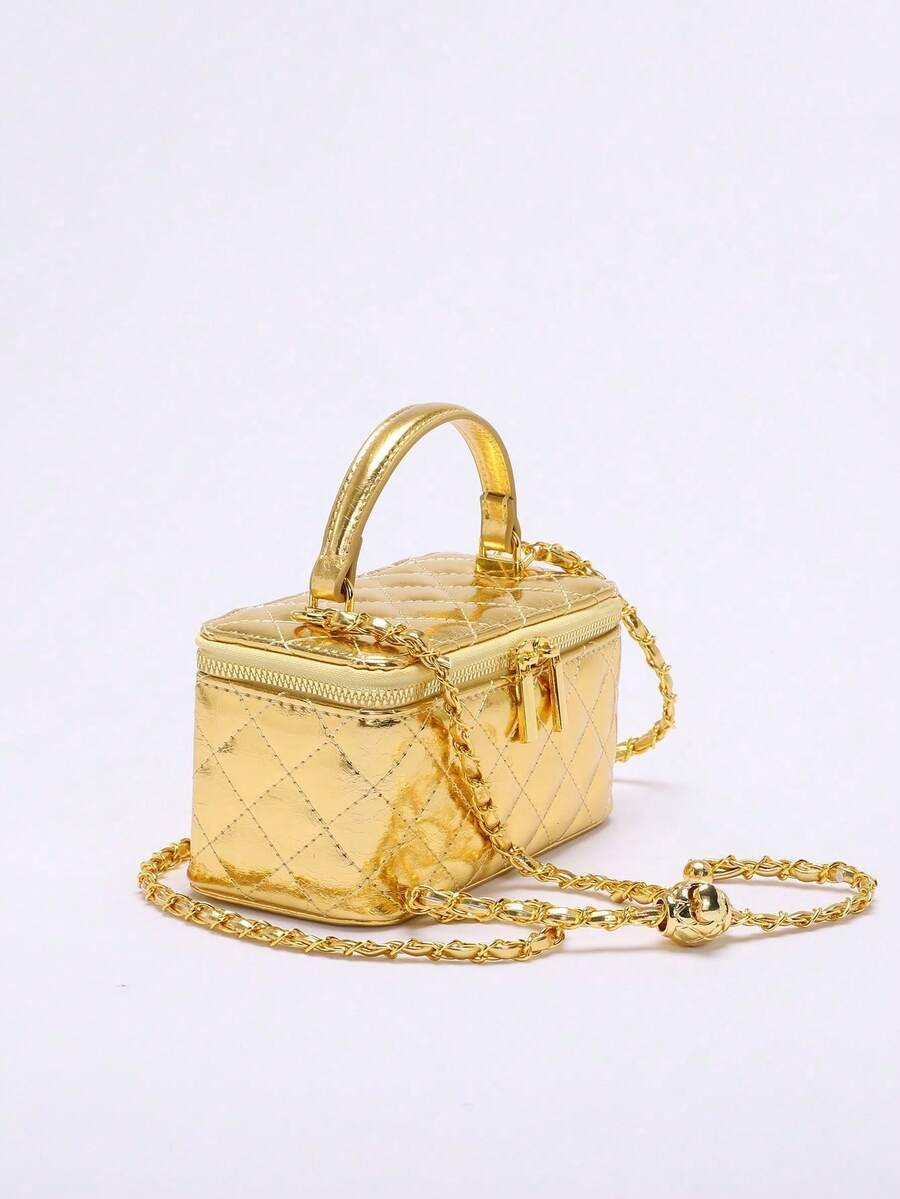 Fashionable Quilted Box Bag Plain Mini Crossbody Chain Strap Zipper Purse