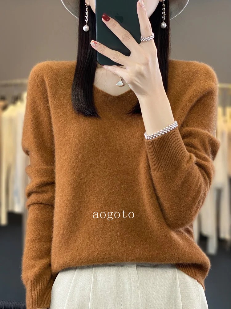 Women’s V-neck Pullover Sweater Knitwear Soft Warm Cashmere Loose Grace Style