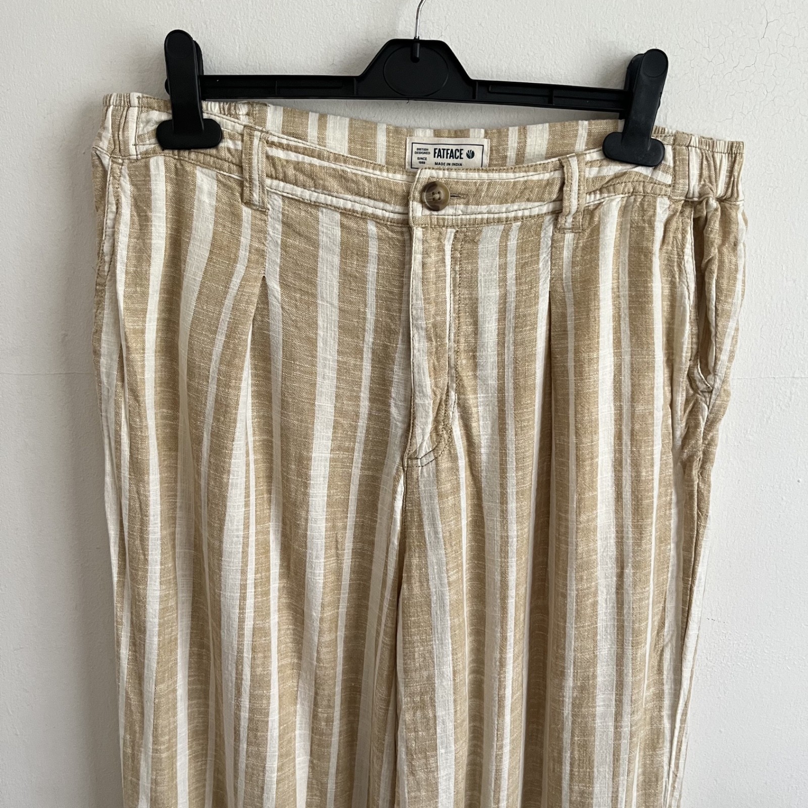 Fat Face Natural Tan Stripe Soft Linen Blend Wide Leg Trousers – Size UK 14 S