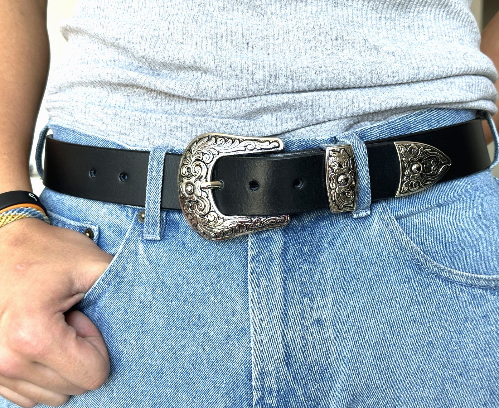 Western 3-Piece Belt Buckle Set Floral Engraved Silver Metal Cowboy Rodeo Style