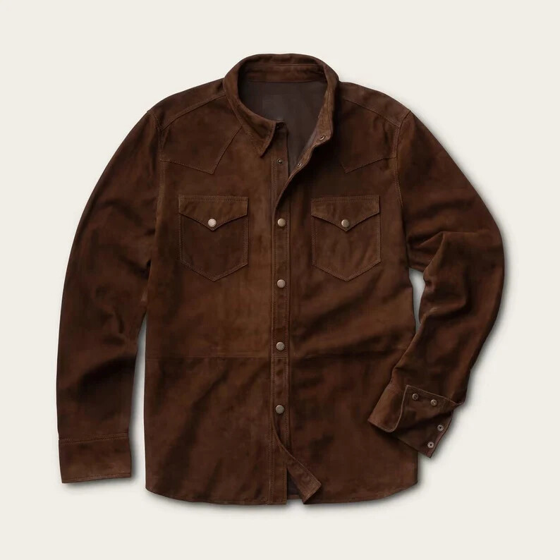 Men’s 100% Brown Suede Leather Trucker Premium Shirt Western Wear Suede Shirt