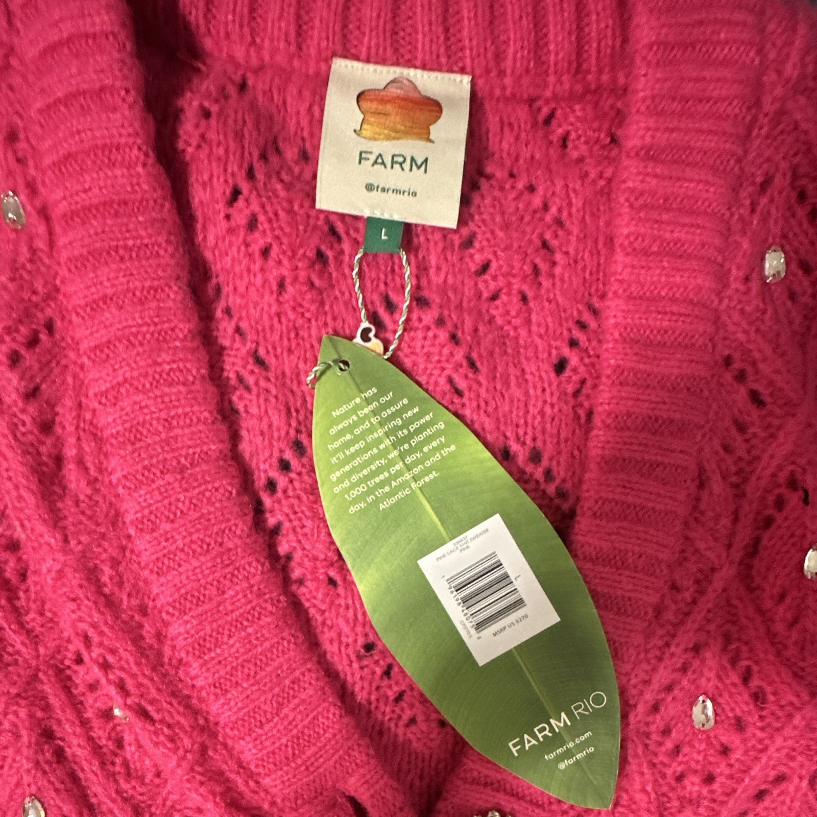 FARM Rio Pink Jeweled Knit V-Neck Button-Front Cardigan Sweater Women’s L