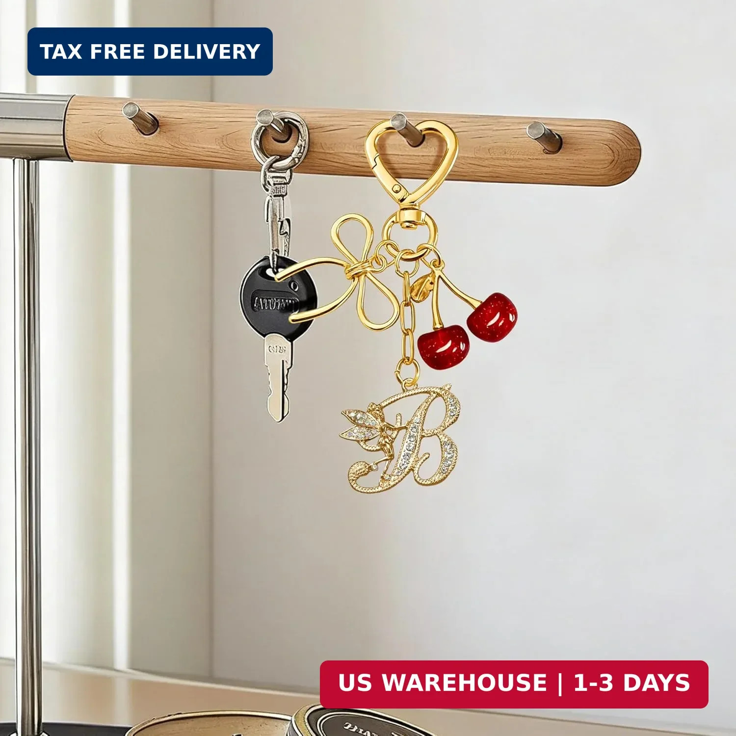 Initial Keychain with Bow and Cherry,Gold Letter Bag Charms for Women,Cute Purse