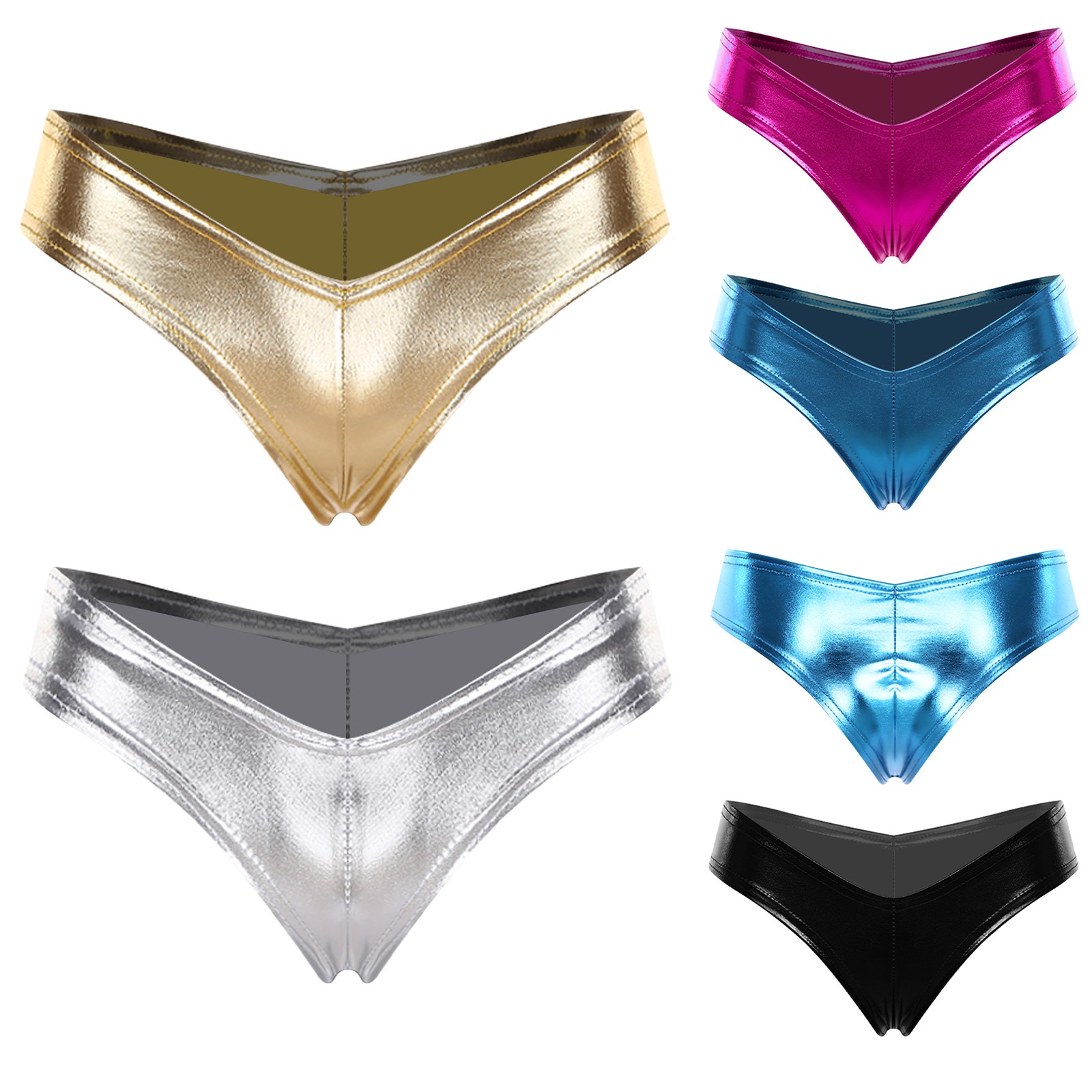 Women’s Faux Leather Shiny Metallic Bikini Panties Cheeky Knickers Mini Swimwear
