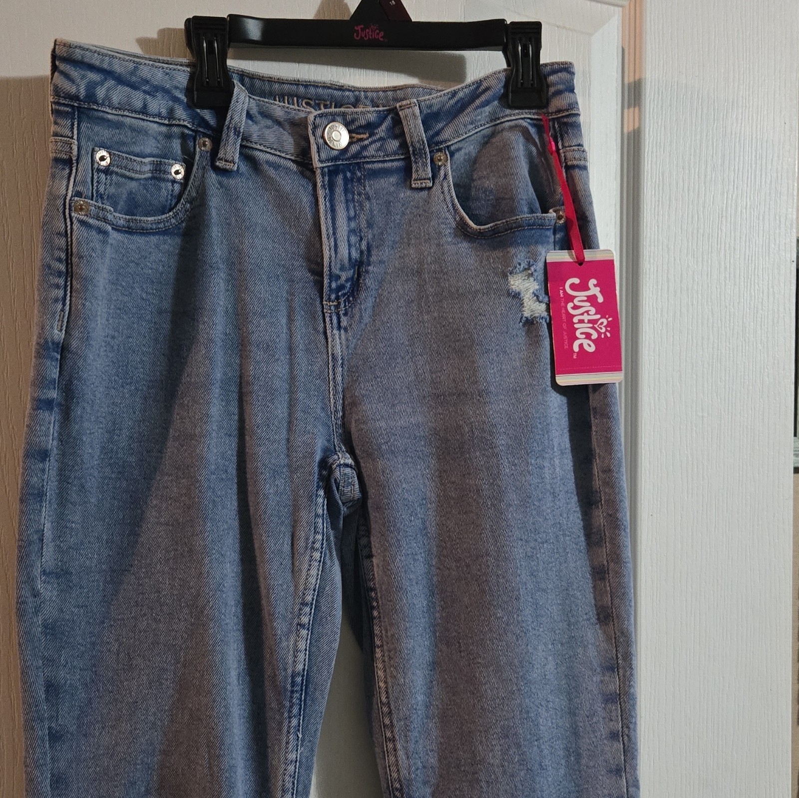 Justice Girls Flared Denim Jeans Size 18 Blue Medium Wash Distressed Pockets