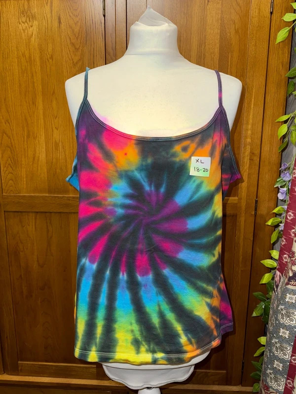 XL ladies tight fitting stretch rainbow swirl hand tie dye vest top