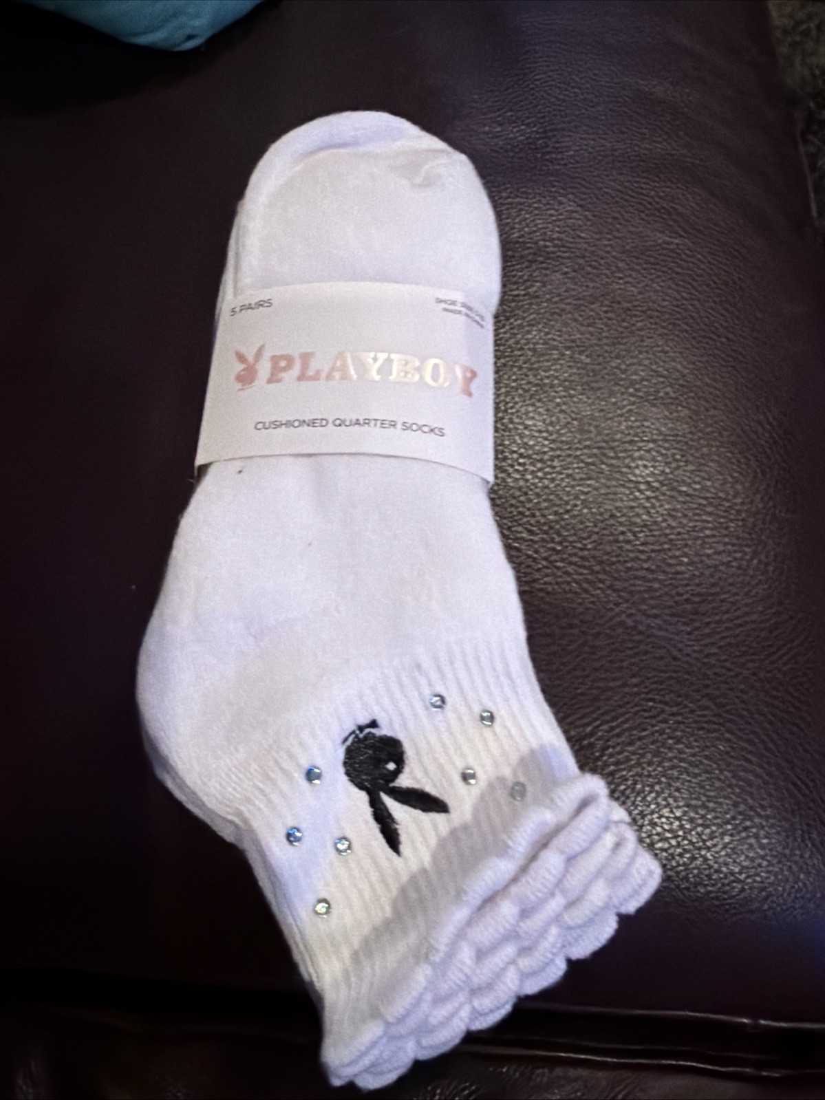 NEW! Playboy Bunny Ankle Crystal Socks 5 Pairs Womens size 5-10 White NWT Rare!