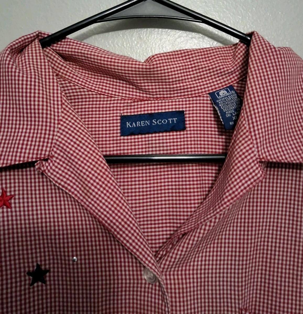 Karen Scott Gingham Button-Up Shirt XL Red/White Blue Patriotic Embroidered