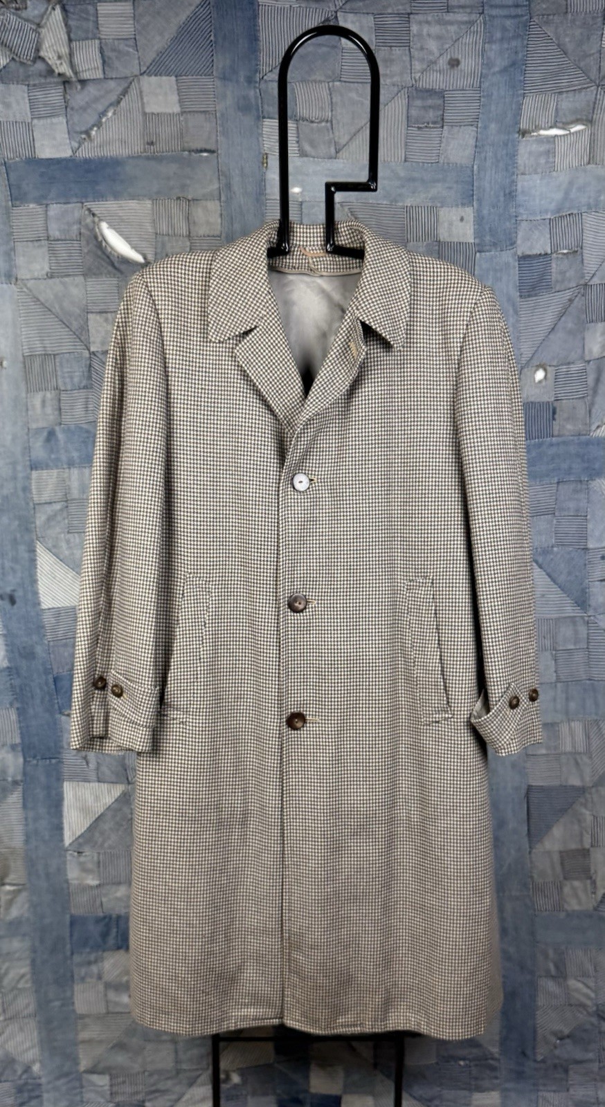50s VINTAGE Rock-Knit Tailored Houndstooth Overcoat Size 44 Wool BEAUTIFUL Lined