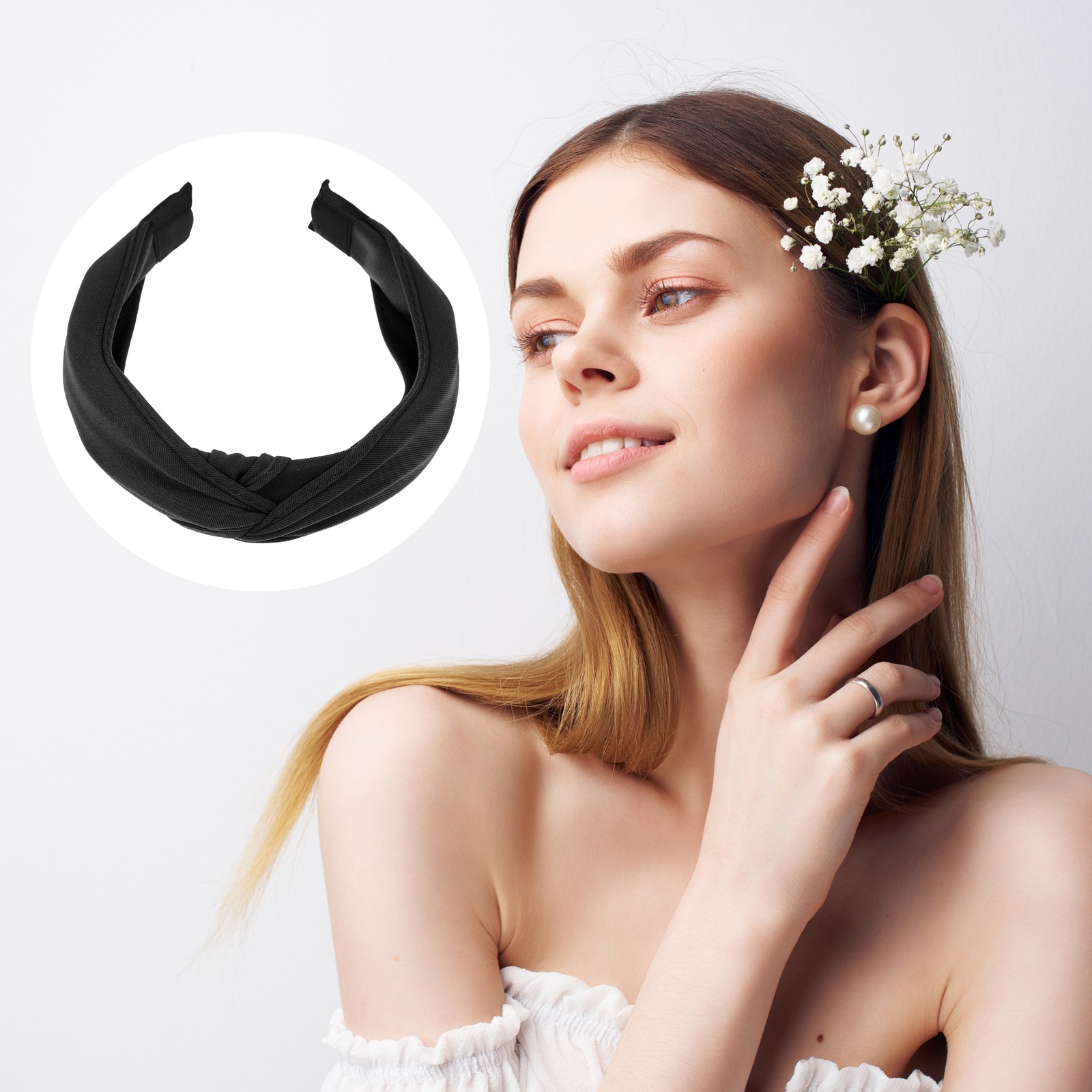 1Pcs Satin Knotted Headband Knot Cross Hairband for Women Black 1.2″ Wide