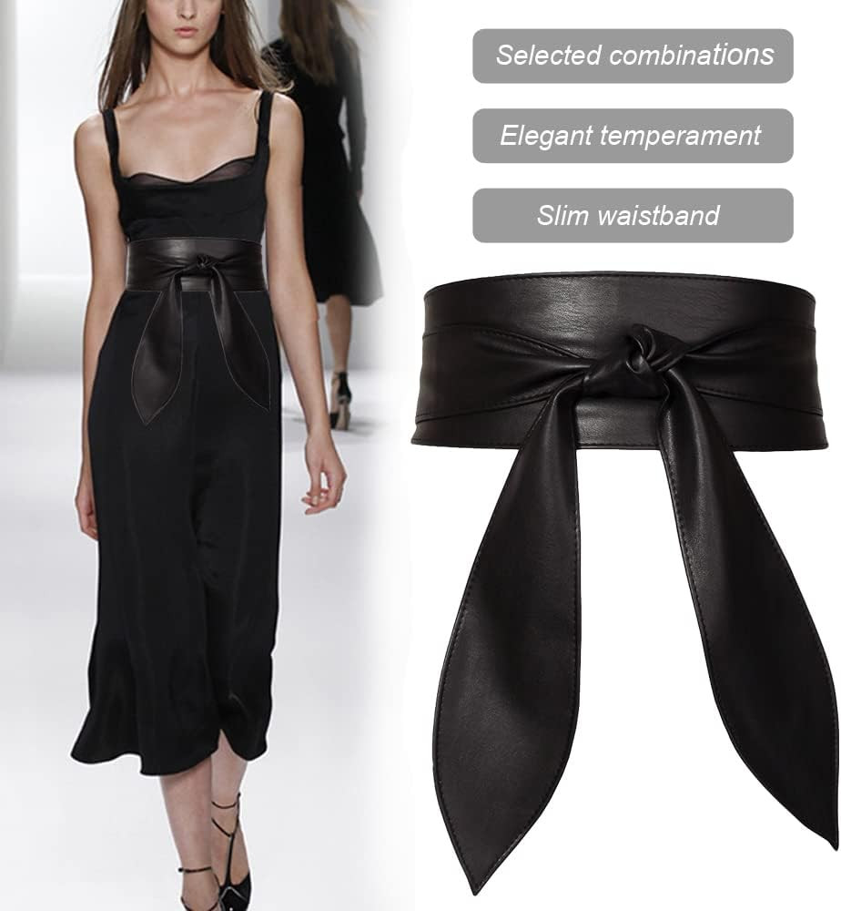 Women Obi Belt Bow Tie Wrap Wide Waistband Faux Leather Wide Cinch Belt for Dres