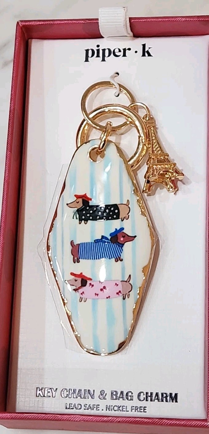 NIB! Piper K Dachshund Wiener Dog Eiffel Tower Paris Gold Accent Bag Charm