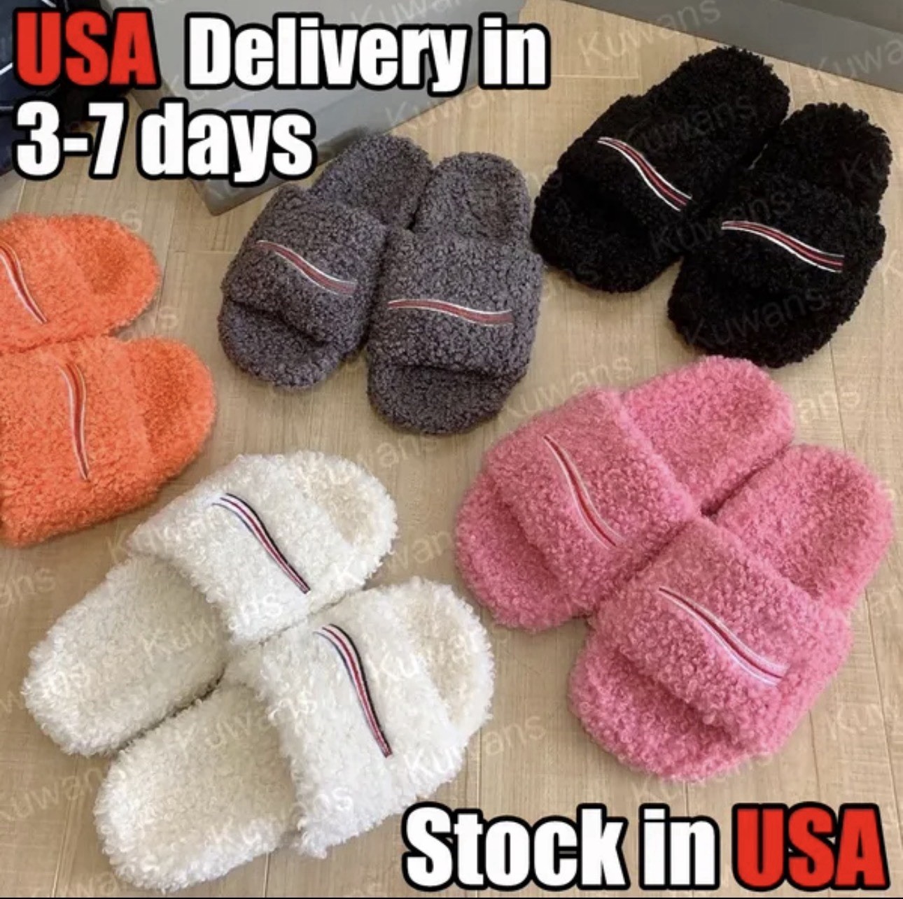 Faux Fur Teddy Slide Slippers Open Toe Rubber Sole all sizes (see description)