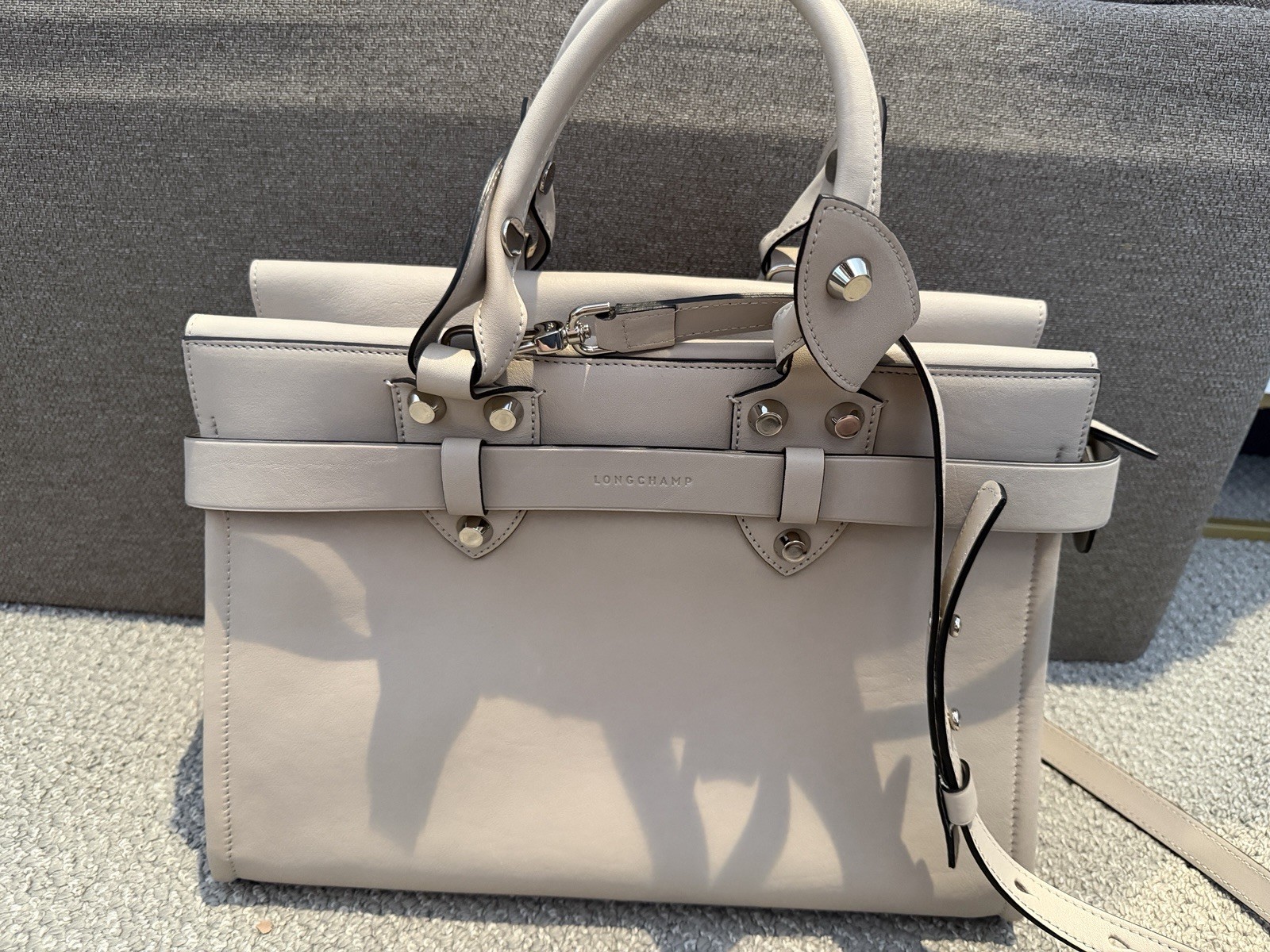 Longchamp Beige Satchel Top Handle Zip Bag w/ Detachable Adjustable Strap