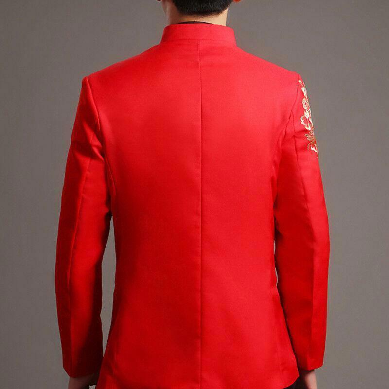 Men Red Tang Suit Chinese Wedding Suit Jacket Embroidery Pattern Jacket