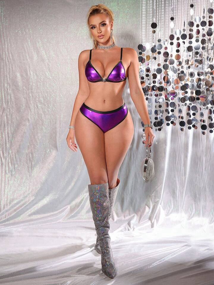 Shiny Purple Wet Lame’, Metallic Bra & Bikini Brief Panties Lingerie Set XL NEW