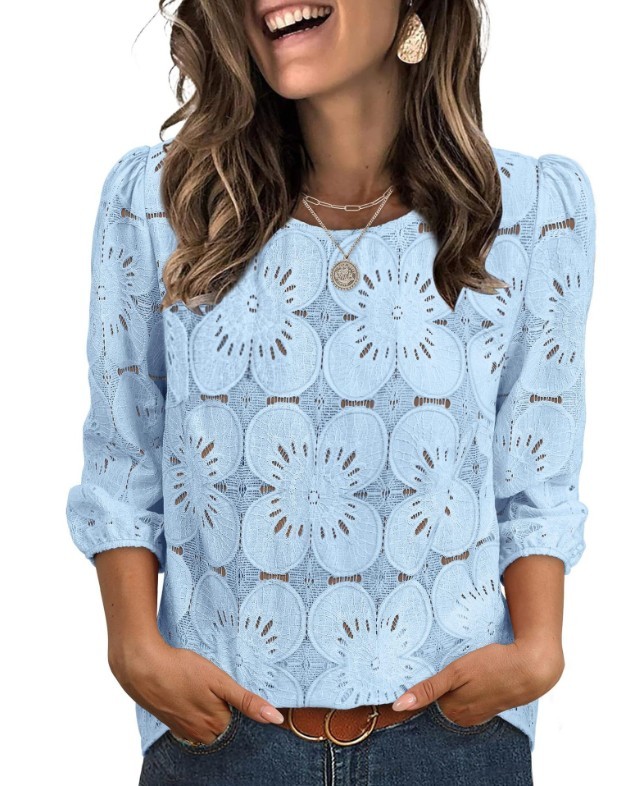 Summer Women’s Crew Neck Lace Blouse 3/4 Sleeve Hollow Out Casual Shirt