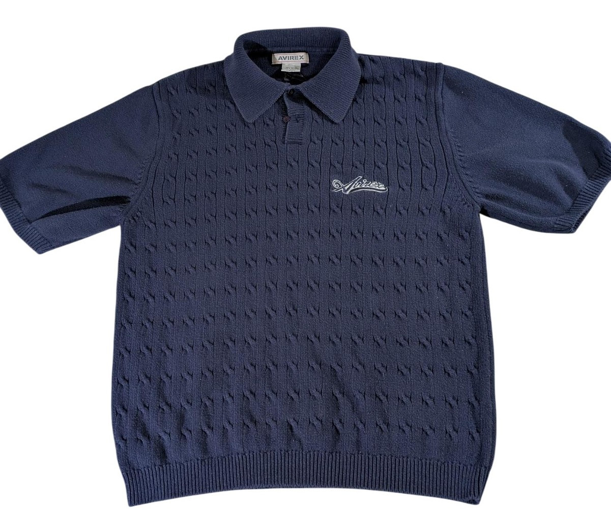Vintage Avirex Sweater Mens Lg Blue Cable Knit Short Sleeve Collared Script Golf