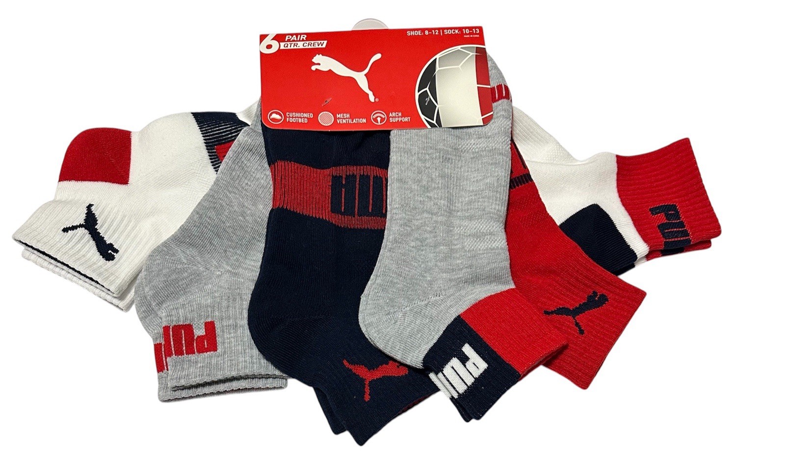 Puma Men’s Cushioned 6-Pair Quarter Crew Socks Large (8-12) Blue/Gray/White/Red