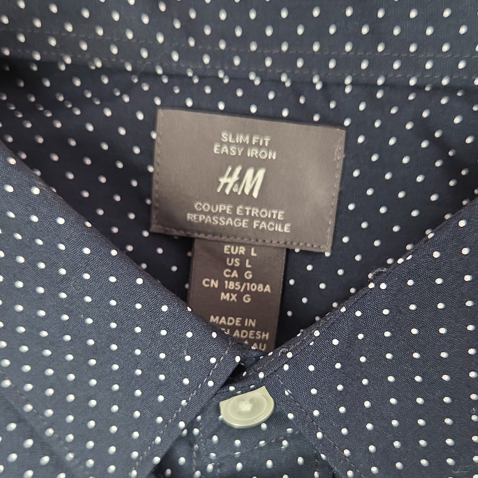 H&M Slim Fit Easy Iron Blue/White Polka Dot Dress Shirt L 32/33
