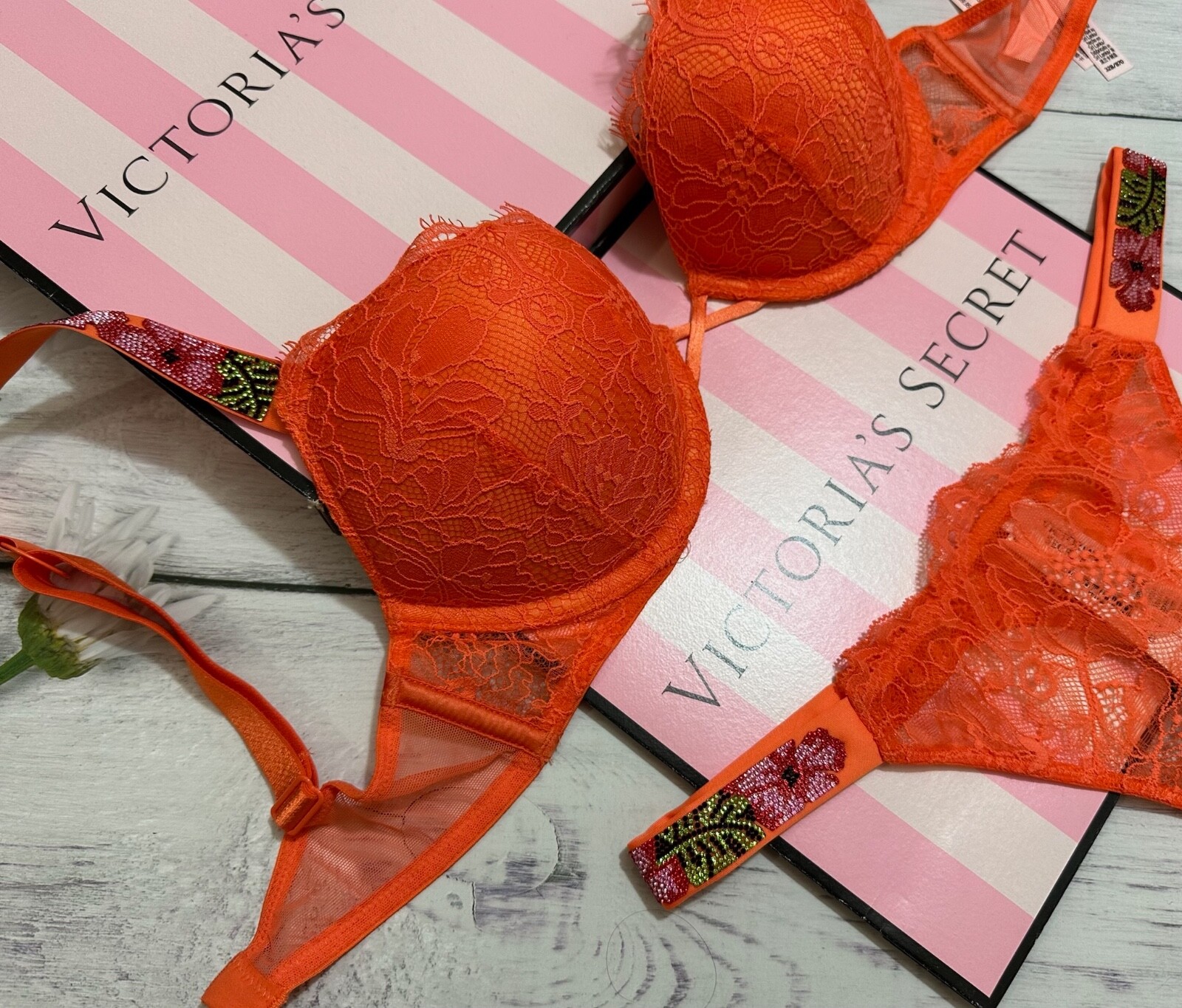 Victoria’s Secret Shine Strap Bra Thong Set Bombshell Push Up Orange Hibiscus